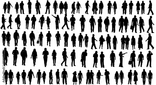 Diverse crowd silhouette collection standing walking and interacting people in vector format