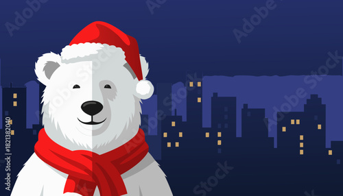 Polar bear wearing Santa hat in city during winter night, background, copy space, vector 