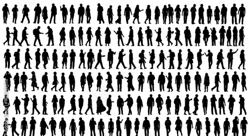 Large group of people silhouettes standing walking and posing in rows
