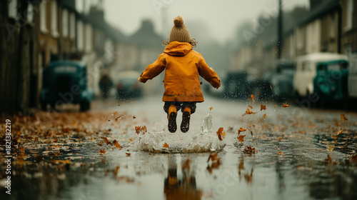 Wallpaper Mural Happy Kid Playing in Rain Puddles on Urban Street Torontodigital.ca