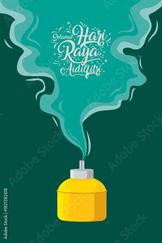 Vector illustration of Hari Raya Aidilfitri celebration greeting card. Oil lamp and smokey background with Eid greetings