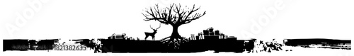 Winter landscape silhouette panorama with lone tree and deer near christmas gifts vector ink sketch