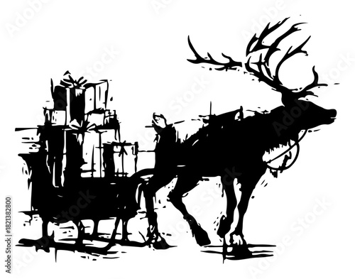 Christmas reindeer pulling a sleigh full of gifts black ink woodcut vector illustration