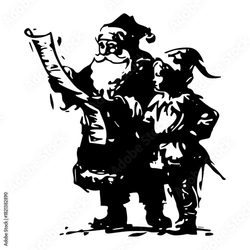Santa Claus reading a long scroll list with an elf helper black ink vector illustration