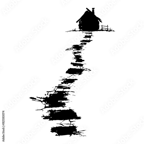 Winding stone path leading to a small distant house black ink grunge vector illustration