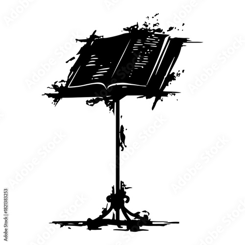 Black silhouette of open book on vintage music stand or podium grunge vector educational or religious design