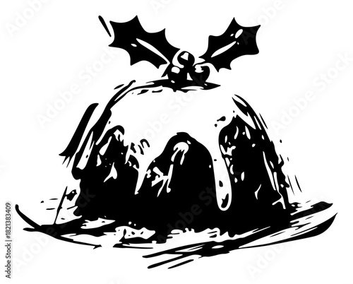 Traditional christmas pudding dessert with holly berries black ink vector illustration