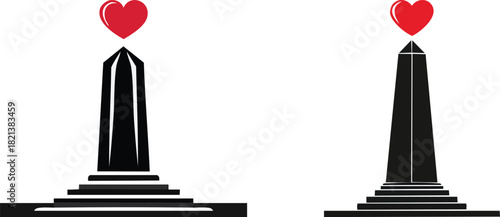 Floating heart symbol above monument silhouette depicted in bold modern emotional memorial icon design