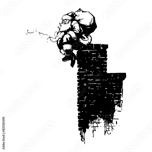 Black silhouette of santa claus sitting on brick chimney with gift sack grunge vector christmas roof illustration