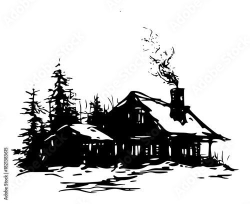 Black silhouette of rustic winter cabin with smoking chimney in pine forest grunge vector snowy cottage landscape