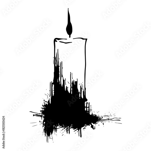 Burning wax candle with flame and grunge ink texture vector sketch hand drawn light illustration