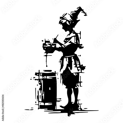 Christmas elf toy maker working in workshop vector sketch hand drawn holiday character illustration