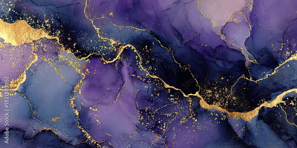 Fototapeta premium Abstract art with swirling purple and blue inks, accented by flowing gold veins