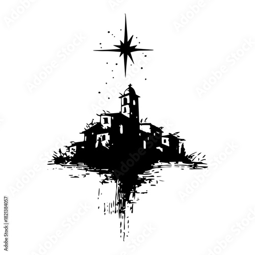 Bethlehem town silhouette with church tower and christmas star reflection vector ink sketch illustration