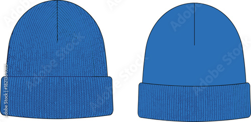 Blue knitted beanie hat vector illustration, realistic textured and flat design winter cap mockup, isolated on white background for fashion technical drawing, clothing.