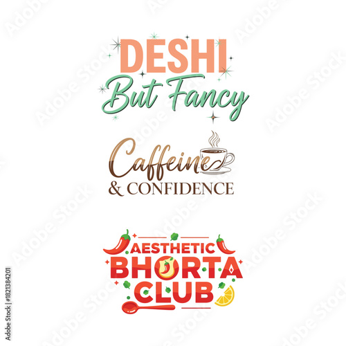 Deshi, caffeine, bhorta club typography designs isolated on white background