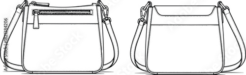 Crossbody bag technical drawing vector illustration, fashion flat sketch with zipper pocket and shoulder strap, isolated black and white outline for design template.