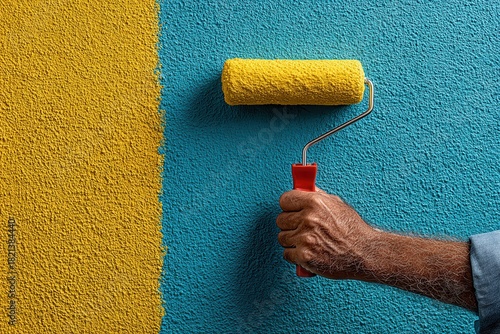 Bright yellow paint transforming a blue textured wall