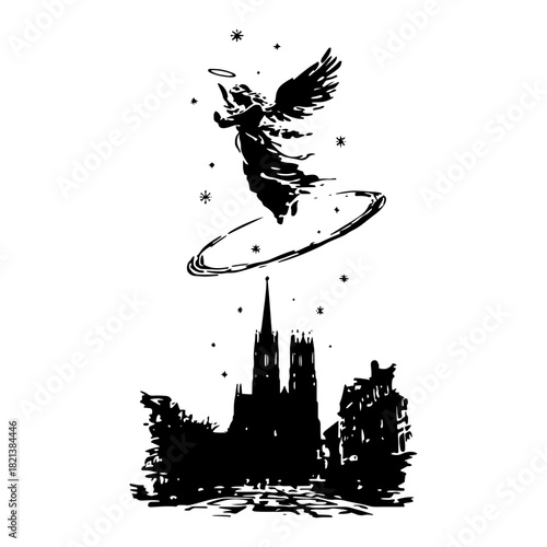 Flying angel silhouette over a church city skyline at night black ink vector illustration