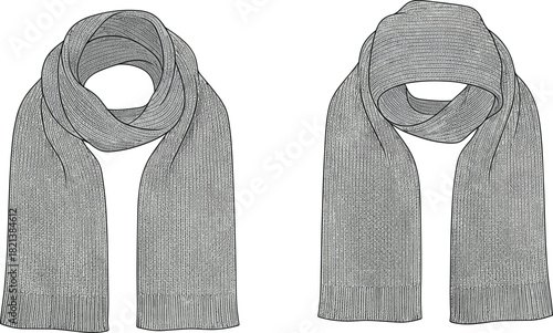 Grey knitted scarf vector illustration, realistic ribbed texture winter accessory mockup, isolated on white background for fashion technical drawing, clothing design template.