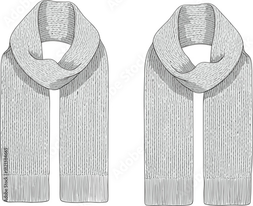 Light grey knitted scarf vector illustration, realistic ribbed texture winter accessory sketch, isolated on white background for fashion technical drawing, clothing design.