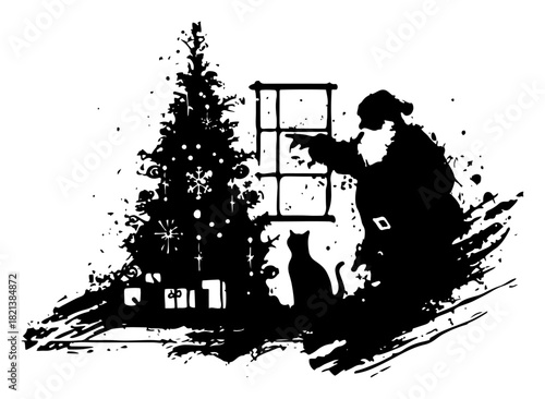 Black silhouette of santa claus standing by christmas tree with cat and window grunge vector holiday interior