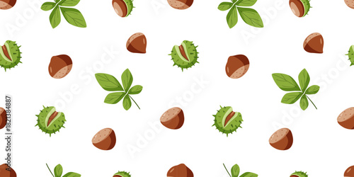 Background Chestnut set vector illustration. Seamless pattern Cartoon drawing of chestnut nuts in a shell and leaves.