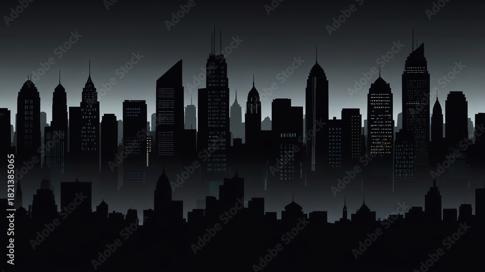 Fototapeta premium Modern city skyline silhouette at night with fog and dramatic lighting.