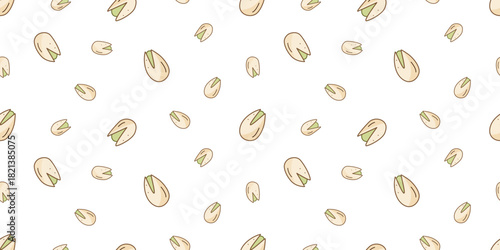 Seamless pattern pistachios icon cartoon doodle. Vector illustration background of snacks salted nuts in a shell.