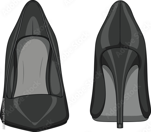 Vector illustration of women's black high heel pumps, pointed toe stiletto, fashion technical flat sketch, front and back views, footwear design template