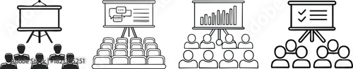 Conference seminar icon with speaker podium and audience elements illustrated in bold minimal business style