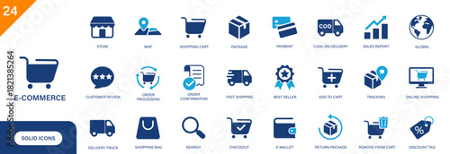 Ecommerce icon. Includes online shopping, delivery truck, shopping cart, return package, discount tag. Solid vector icon set.