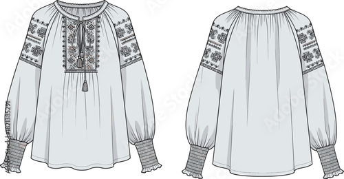 Vector illustration of women's bohemian peasant blouse, embroidered floral details, tassel tie neck, smocked ruffled cuffs, raglan sleeves, technical fashion flat sketch, front back views