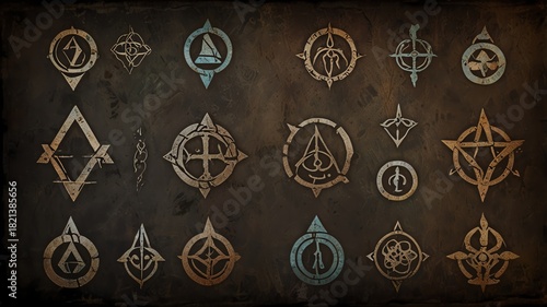 Mysterious ancient symbols, arcane emblems, and mystic sigils on aged textured background, fantasy art, concept design, storytelling elements.