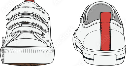 White sneaker vector illustration with velcro straps, front and back view technical drawing, isolated canvas shoe mockup for fashion design templates, clothing.