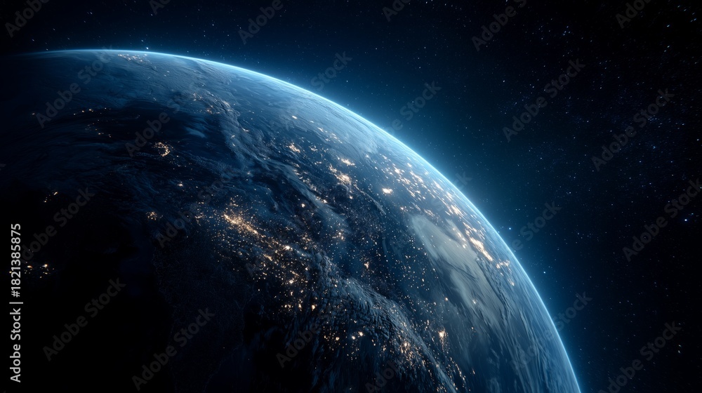 Obraz premium cinematic earth from space with glowing city lights and deep blue atmosphere