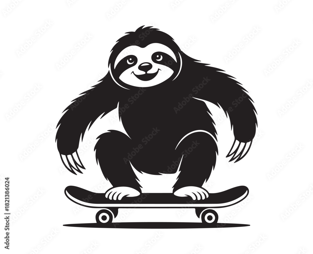 Naklejka premium Skateboarding Sloth Silhouette, Cute Sloth Riding Skateboard Vector.