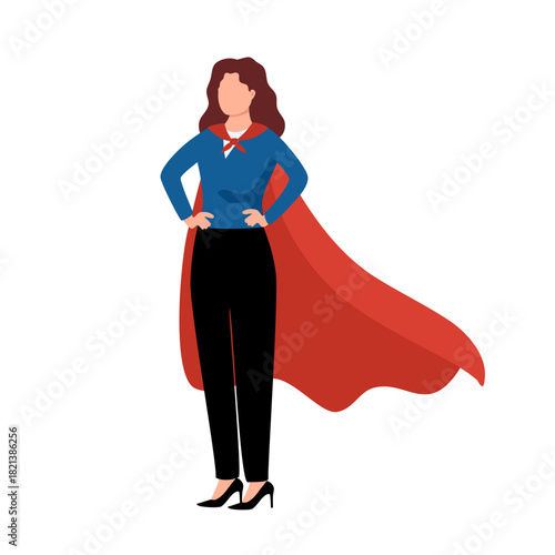 Businesswoman whit superhero pose, concept of a successful business leader,confident business woman superhero, wearing a powerful red cape, stands in a flash of light amidst the city