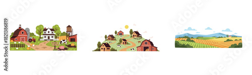 Charming rural farms with barns and fields under blue sky with mountains in background