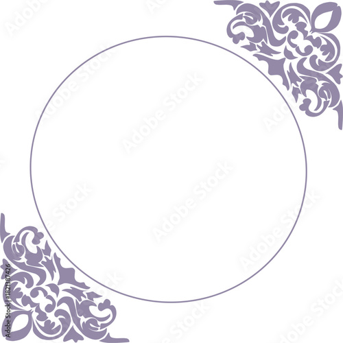 Soft purple floral corners frame a clean circular space for elegant text or logo display design use!