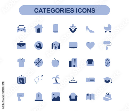 Classified advertisements categories dual color icons set.