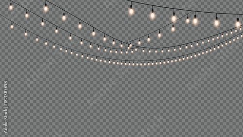 Glowing string lights for festive celebrations and party decorations on transparent background