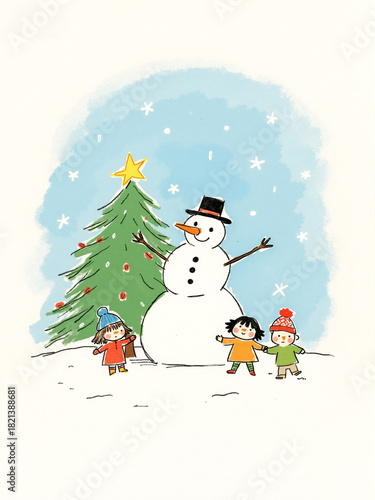 doodle of snowman, children and chritmas tree