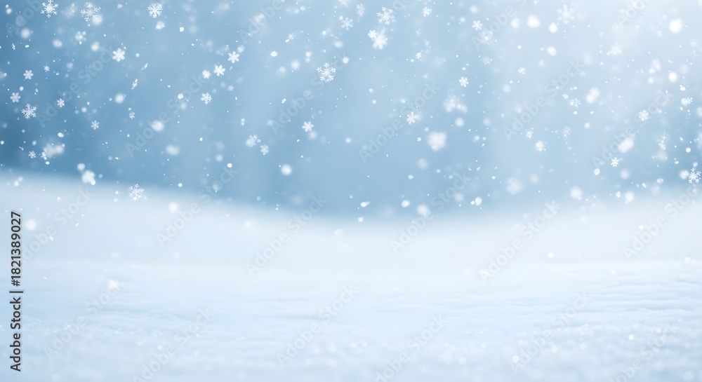 Naklejka premium A calm winter background with soft snow and falling snowflakes, creating a cool and peaceful atmosphere. Perfect for holiday designs, greeting cards, banners, and other winter-themed visuals.