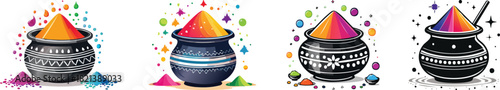 Traditional festival pot filled with colorful powders illustrated in vibrant cultural minimal decorative vector