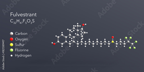 Fototapeta Naklejka Na Ścianę i Meble -  fulvestrant molecule 3d rendering, flat molecular structure with chemical formula and atoms color coding