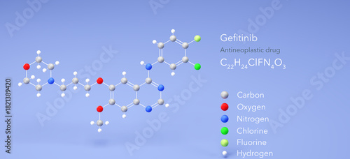 gefitinib molecule, molecular structure, antineoplastic drug 3d model, Structural Chemical Formula and Atoms with Color Coding
