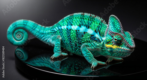 A vibrant male panther chameleon presents its vivid turquoise and green coloration on a dark stage