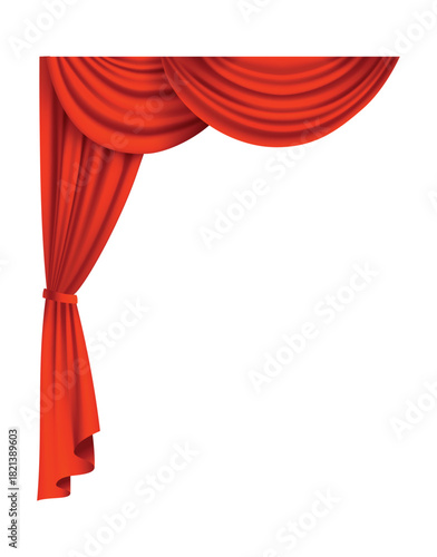 Red curtains realistic. Theater fabric silk decoration for movie cinema or opera hall. Curtains and draperies interior decoration object. Isolated on transparent for theater stage