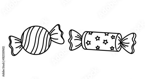 Two black and white line art drawings of wrapped candies, one round with stripes and one cylindrical with stars, on a white background.